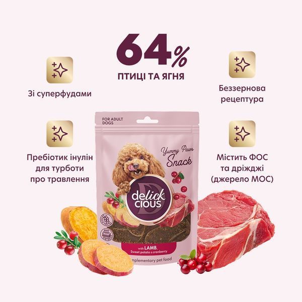Delickcious Сушені снеки &ndash; з ягням, бататом і журавлиною.&nbsp;Додатковий&nbsp;корм&nbsp;для&nbsp;собак,&nbsp;0,08&nbsp;кг D6211601 фото