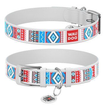 Нашийник для собак шкіряний WAUDOG Design з QR паспортом, малюнок "Етно", XL, Ш 35 мм, Дов 46-59 см, білий 377715 фото