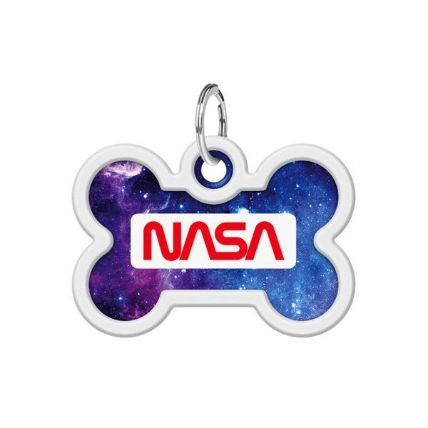 Адресник для собак і котів металевий WAUDOG Smart ID з QR паспортом, малюнок "NASA21", кістка, Д 40 мм, Ш 28 мм 0640-0148 фото