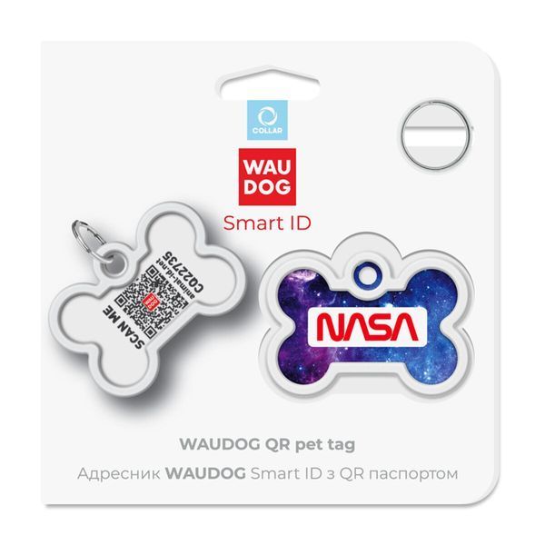 Адресник для собак і котів металевий WAUDOG Smart ID з QR паспортом, малюнок "NASA21", кістка, Д 40 мм, Ш 28 мм 0640-0148 фото